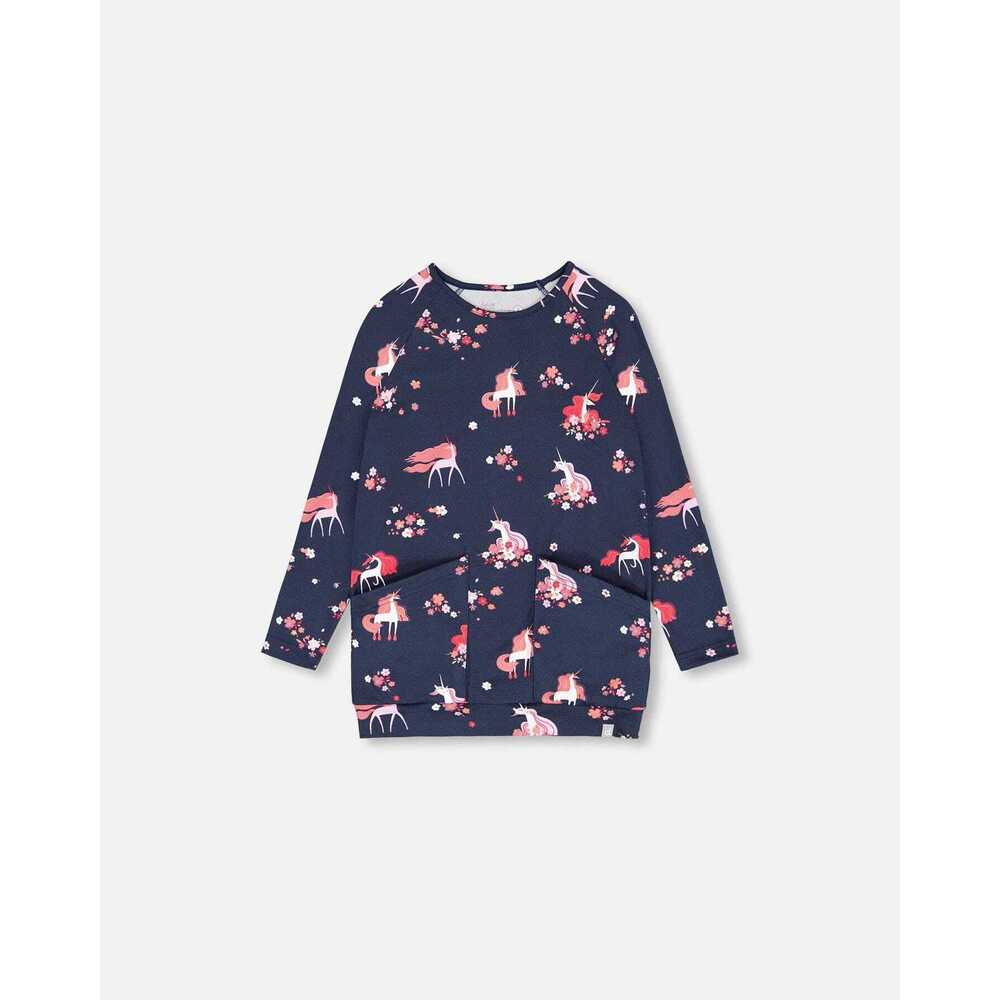 Long Sleeve Brushed Jersey Tunic Navy Flowery Unicorn Print - 10